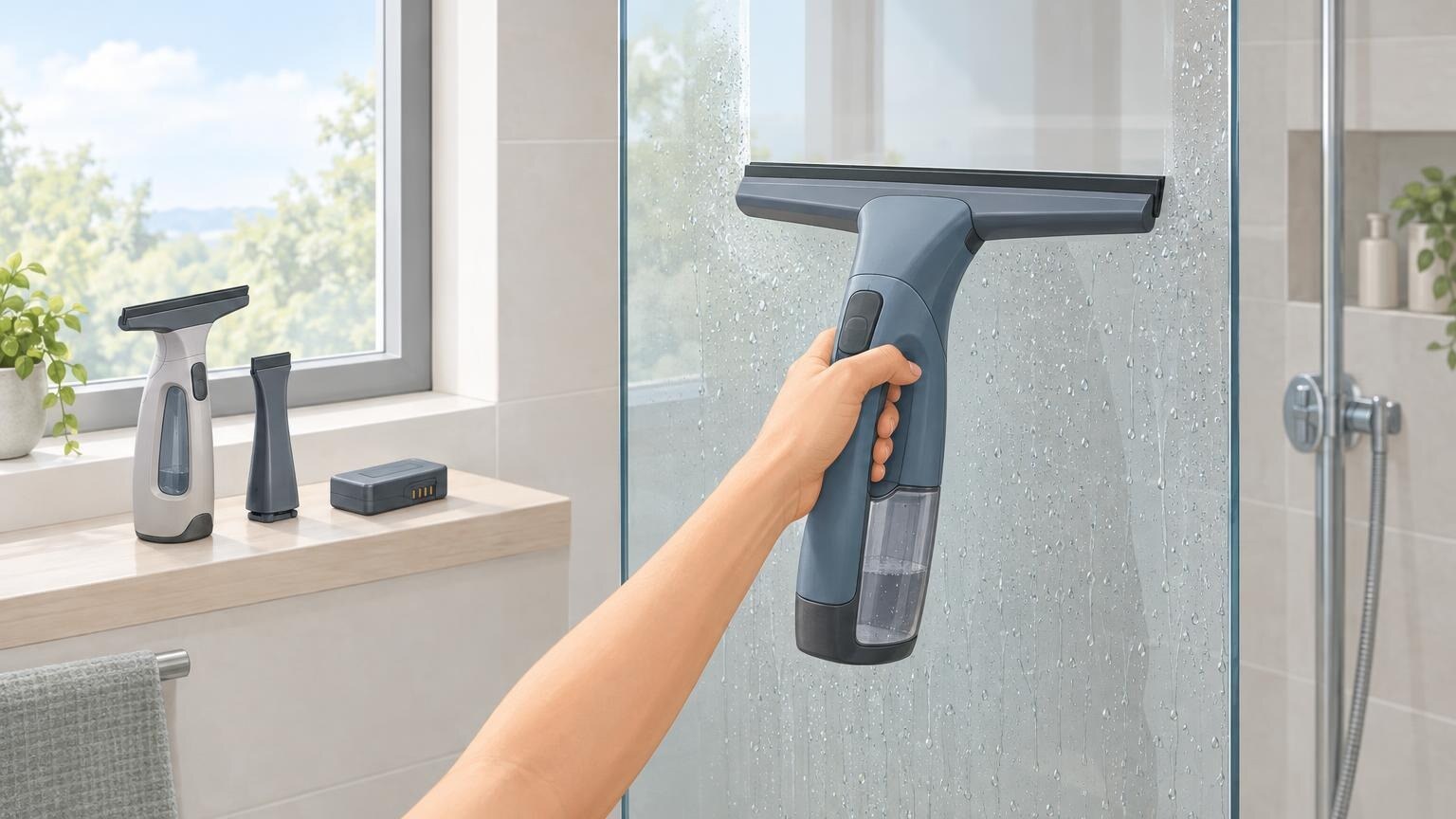 Illustration einer Hand mit Fenstersauger an einer feuchten Duschwand; neben einem Fenster stehen ein kompaktes Gerät, eine schmale Düse und ein separater Akku.