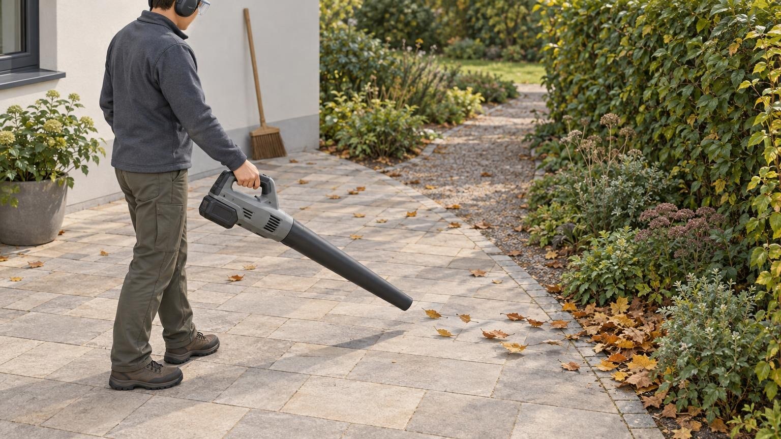 Illustration einer Person mit Akku-Laubbläser auf einer gepflasterten Terrasse. Die lange Düse zeigt auf trockenes Laub am Übergang zum Gartenweg.