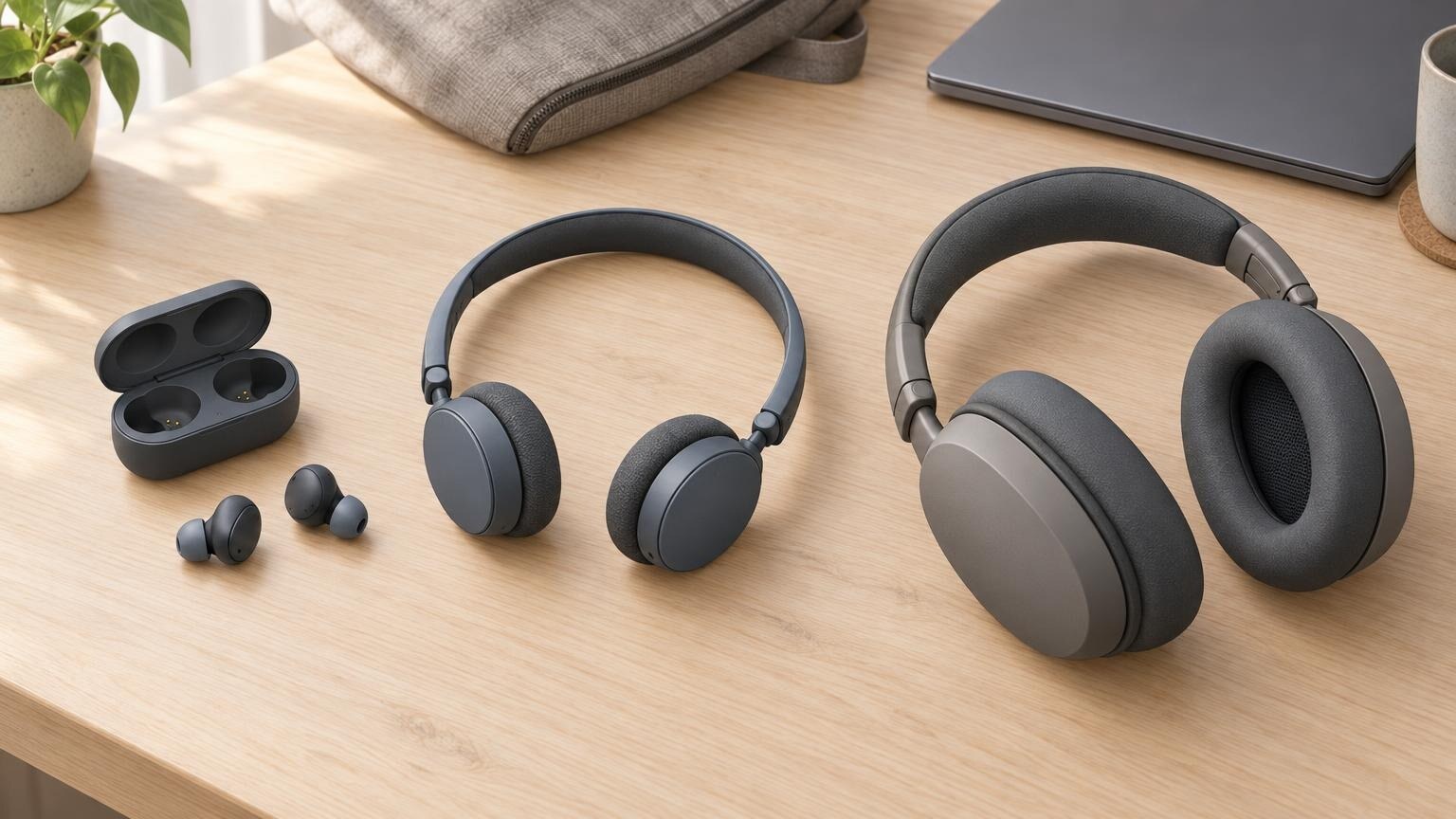 Illustration von In-Ear-Hörern mit Ladeetui, einem On-Ear- und einem Over-Ear-Kopfhörer auf einem Tisch; dahinter liegen eine Stofftasche und ein geschlossenes Notebook.