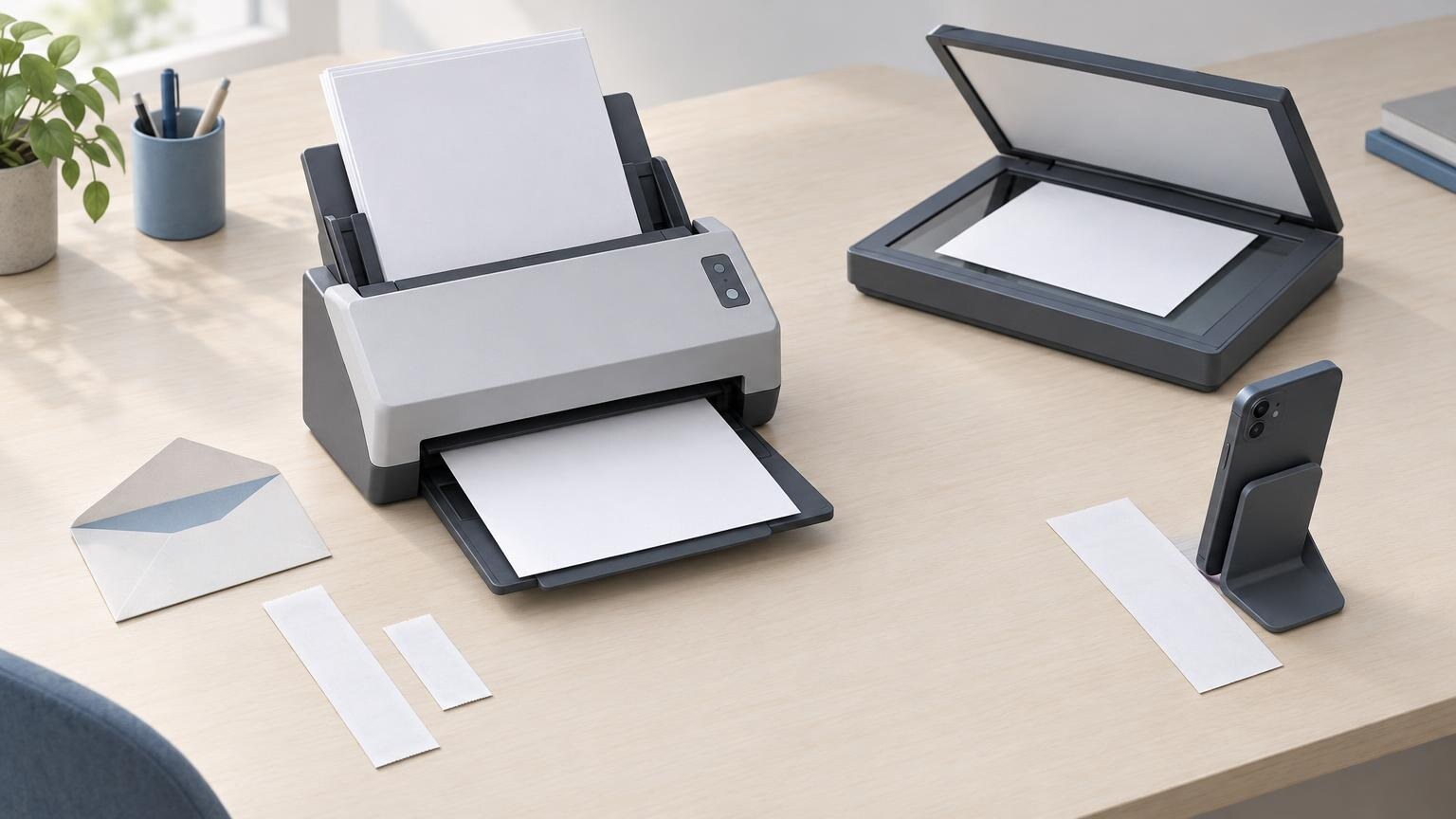 Illustration eines Dokumentenscanners mit Papierstapel auf einem Schreibtisch, daneben ein offener Flachbettscanner und ein Smartphone in einer Halterung über einem Beleg.