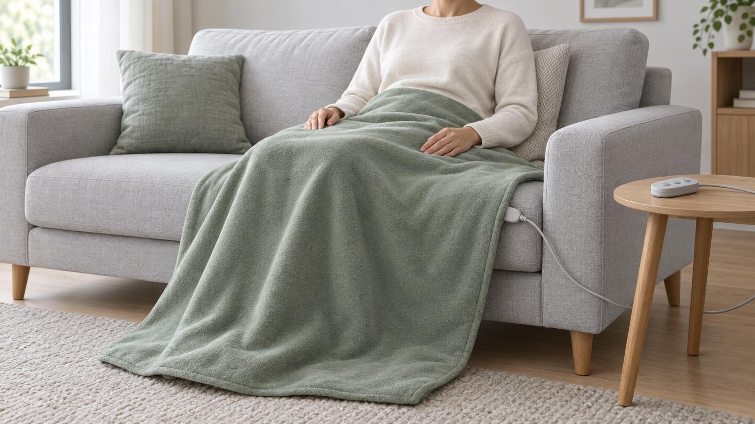 Illustration einer Person auf einem grauen Sofa mit einer grünen Decke über Schoß und Beinen sowie einem kabelgebundenen Bedienteil auf dem Beistelltisch.