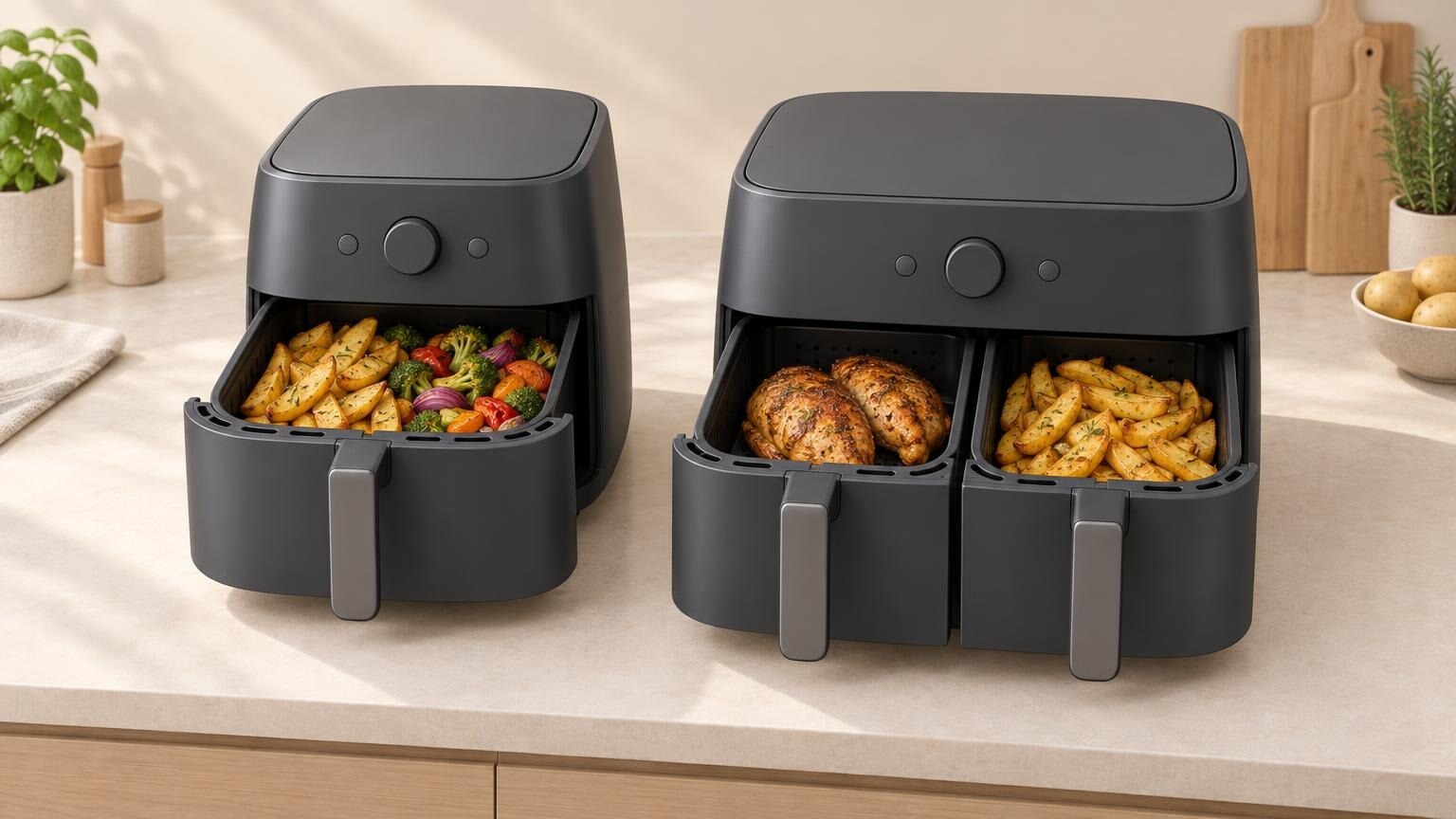 Illustration zweier Heißluftfritteusen mit geöffneten Schubladen: links ein Garkorb mit Kartoffelspalten und Gemüse, rechts zwei getrennte Körbe mit Hähnchen und Kartoffelspalten.