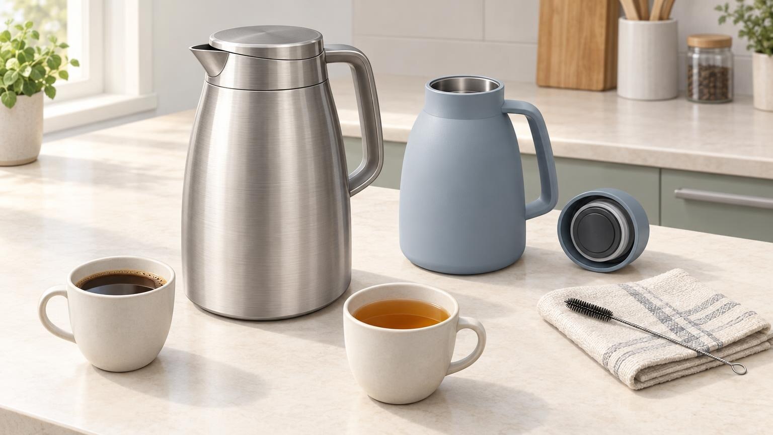 Zwei unterschiedlich große Isolierkannen neben Tassen mit Kaffee und Tee auf einer Küchenarbeitsplatte; daneben liegen ein abgenommener Deckel und eine Reinigungsbürste.
