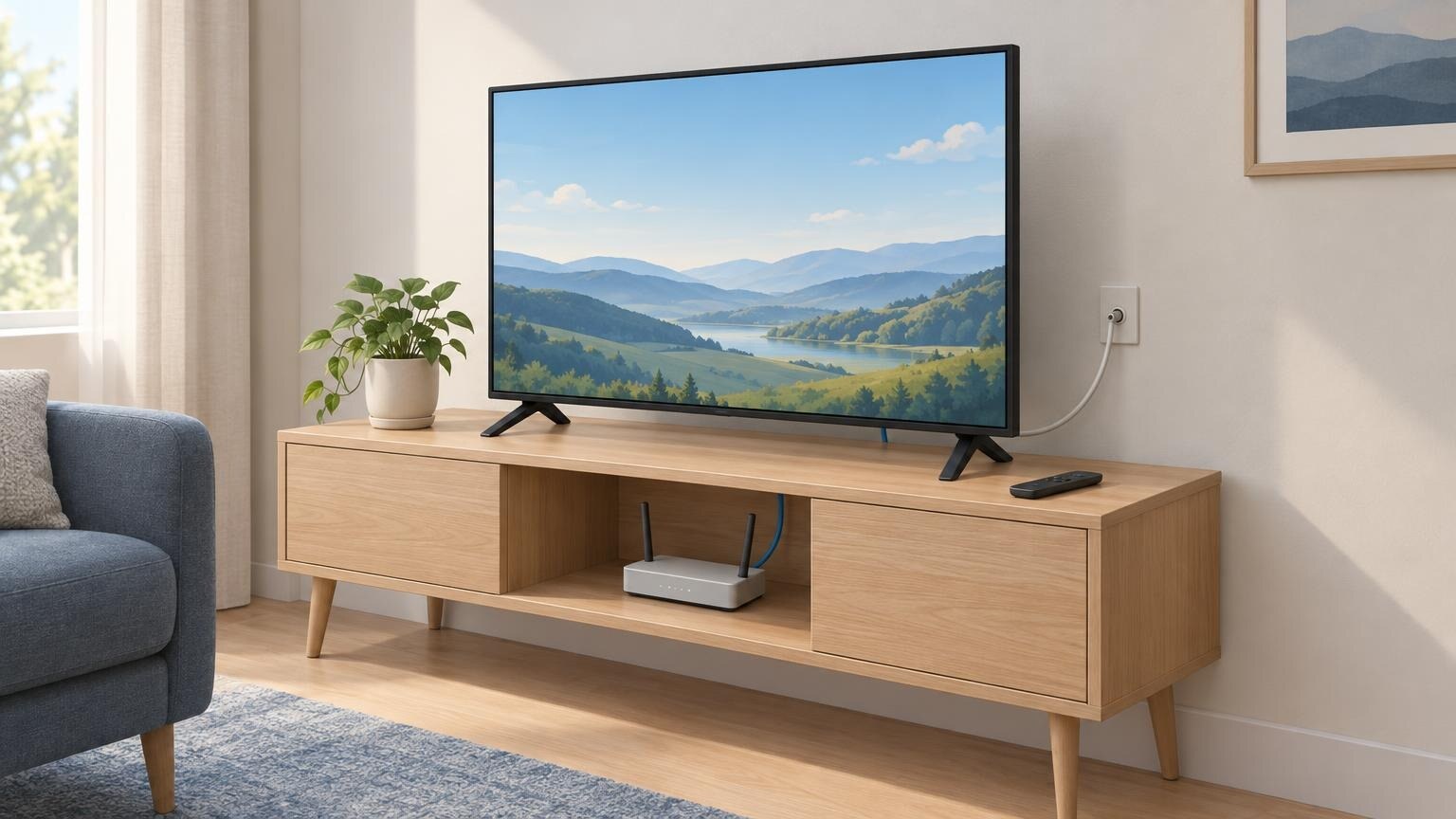 Illustration eines kompakten Fernsehers auf einem schmalen Holz-Sideboard, mit Landschaft auf dem Bildschirm, Fernbedienung, Router und Kabeln zur Wanddose.