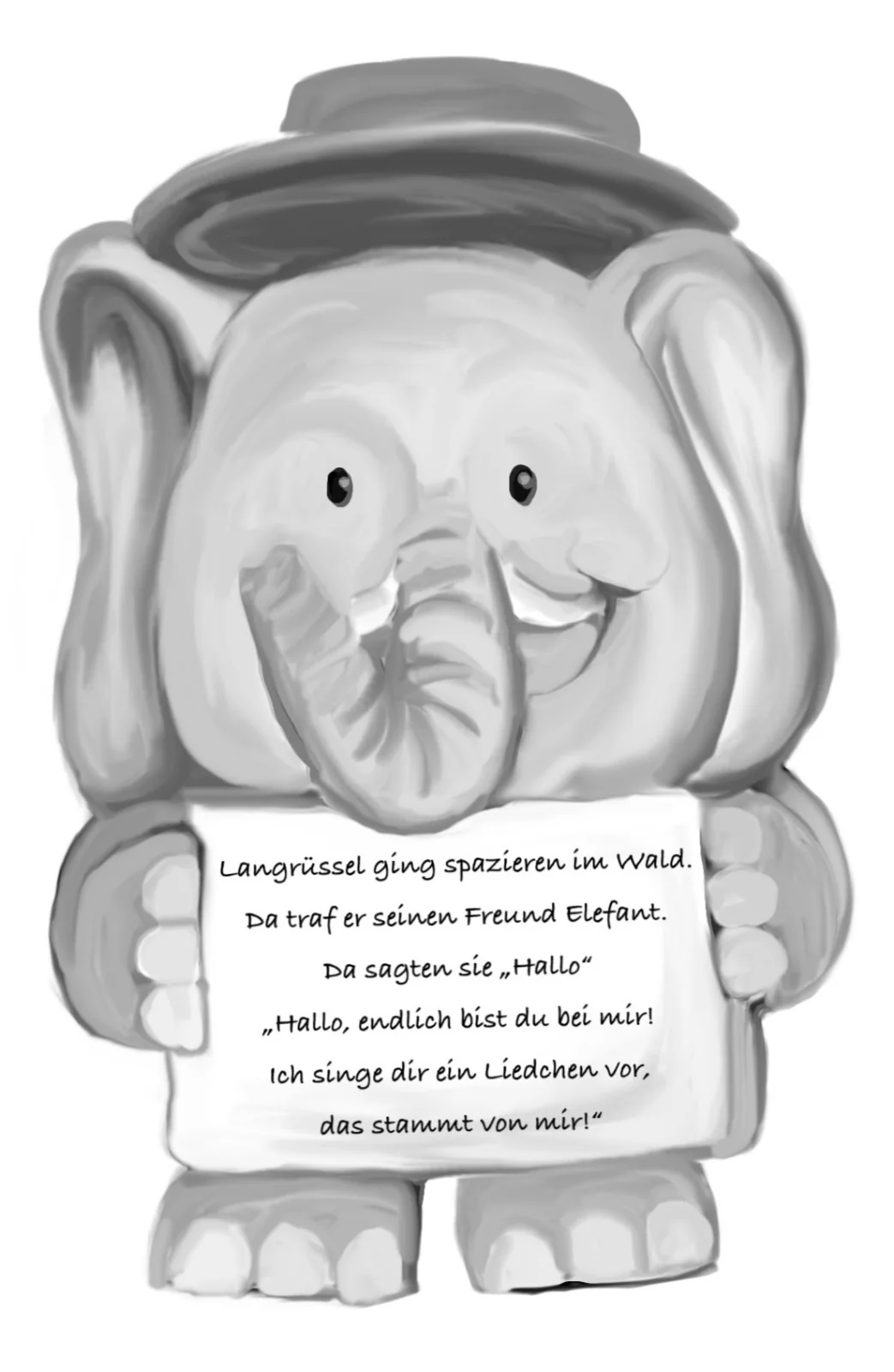 Graue Elefantenfigur mit Hut und einer Tafel mit einem Kinderreim