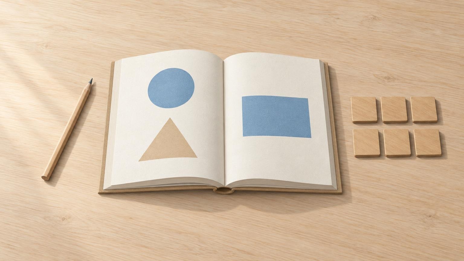 Illustration eines aufgeschlagenen Buchs mit geometrischen Formen auf einem Holzschreibtisch, daneben sechs Holzplättchen und ein Bleistift.