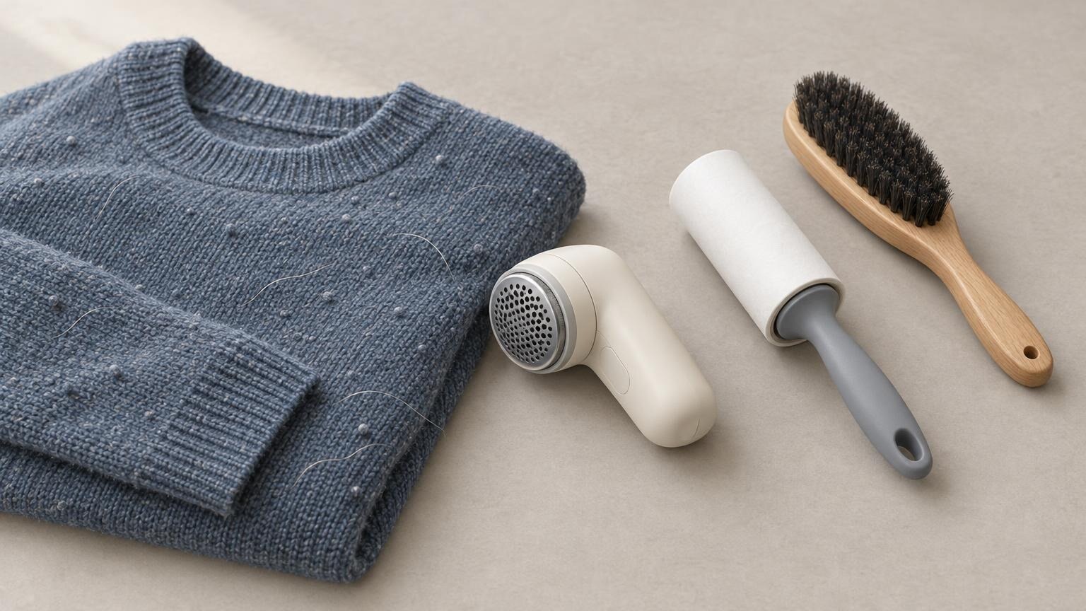 Blaugrauer Strickpullover mit kleinen Faserknötchen und einzelnen hellen Haaren, daneben ein Fusselrasierer, eine Fusselrolle und eine Kleiderbürste auf einer hellen Tischfläche.