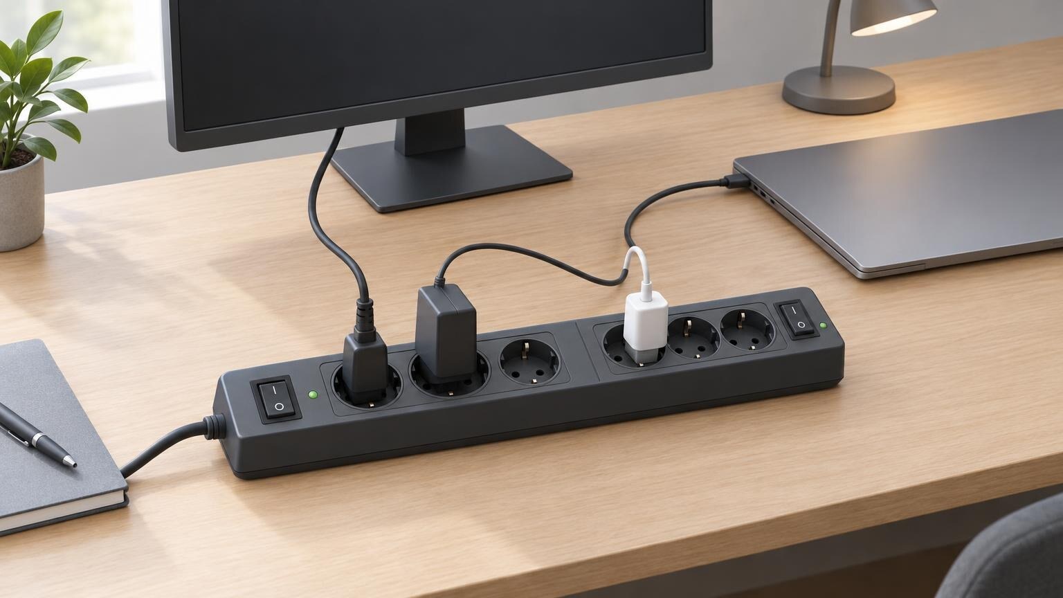 Steckdosenleiste mit zwei getrennten Schaltern, eingesteckten Netzsteckern und freien Steckplätzen auf einem Schreibtisch mit Monitor, Laptop und Lampe.