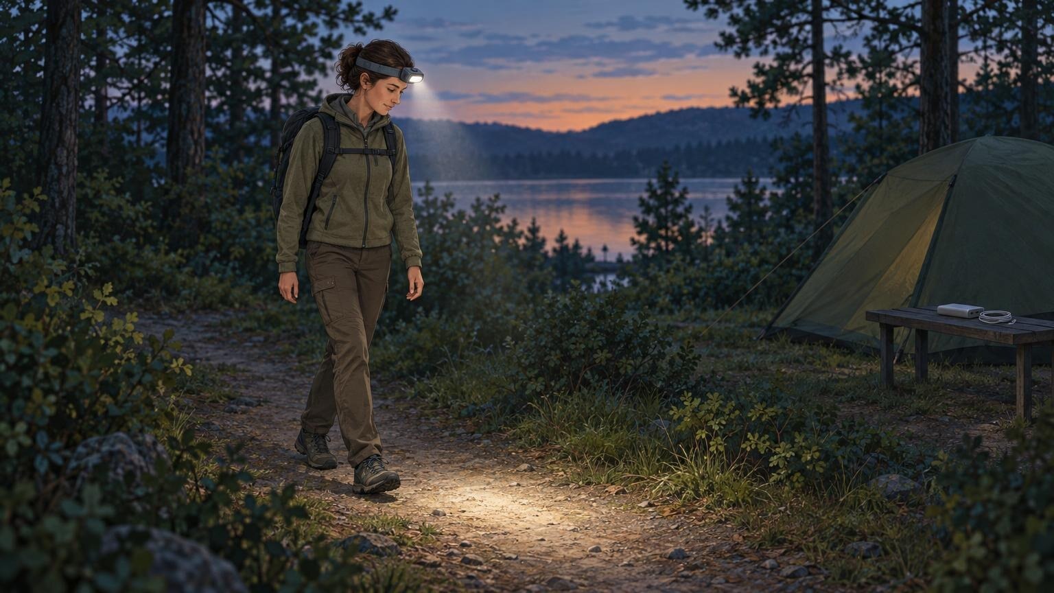 Illustration einer Person mit Stirnlampe auf einem Waldweg neben einem Zelt. Das Licht beleuchtet den Boden vor ihr; auf einer Campingbank liegen ein Ladegerät und ein Kabel.