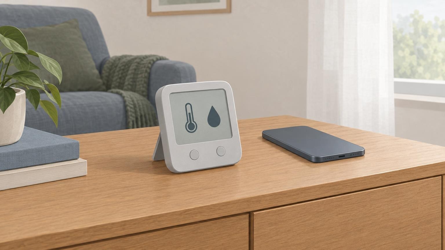 Illustration eines Thermo-Hygrometers mit Thermometer- und Tropfensymbol auf einem Sideboard; daneben liegt ein Smartphone mit der Displayseite nach unten.